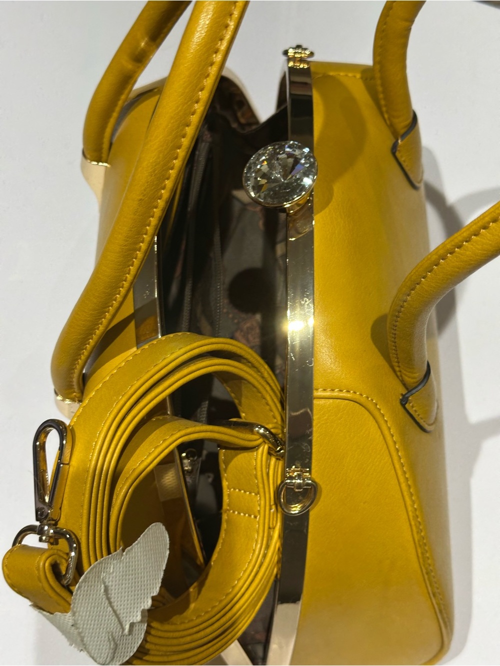 Yellow Dome Satchel Handbag with Gold Trim - Picture 3 of 6